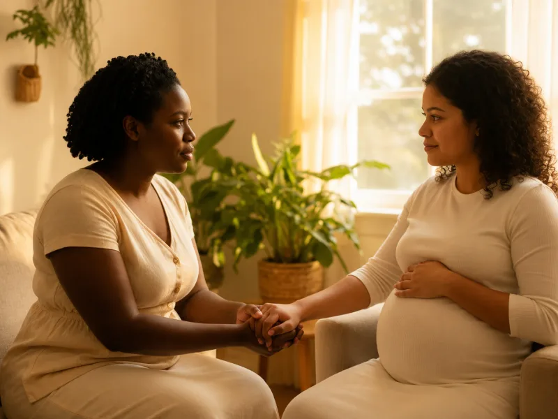 A doula sitting beside a pregnant woman in a calm sunlit home, holding her hand.