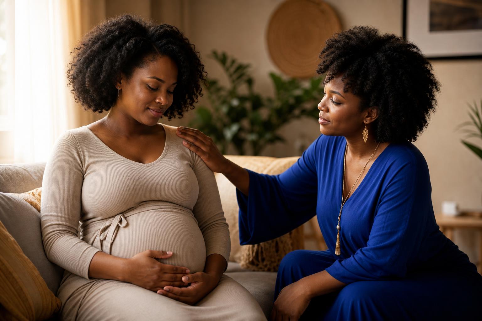 A doula gently supports a pregnant mother with hands resting on her shoulder and back