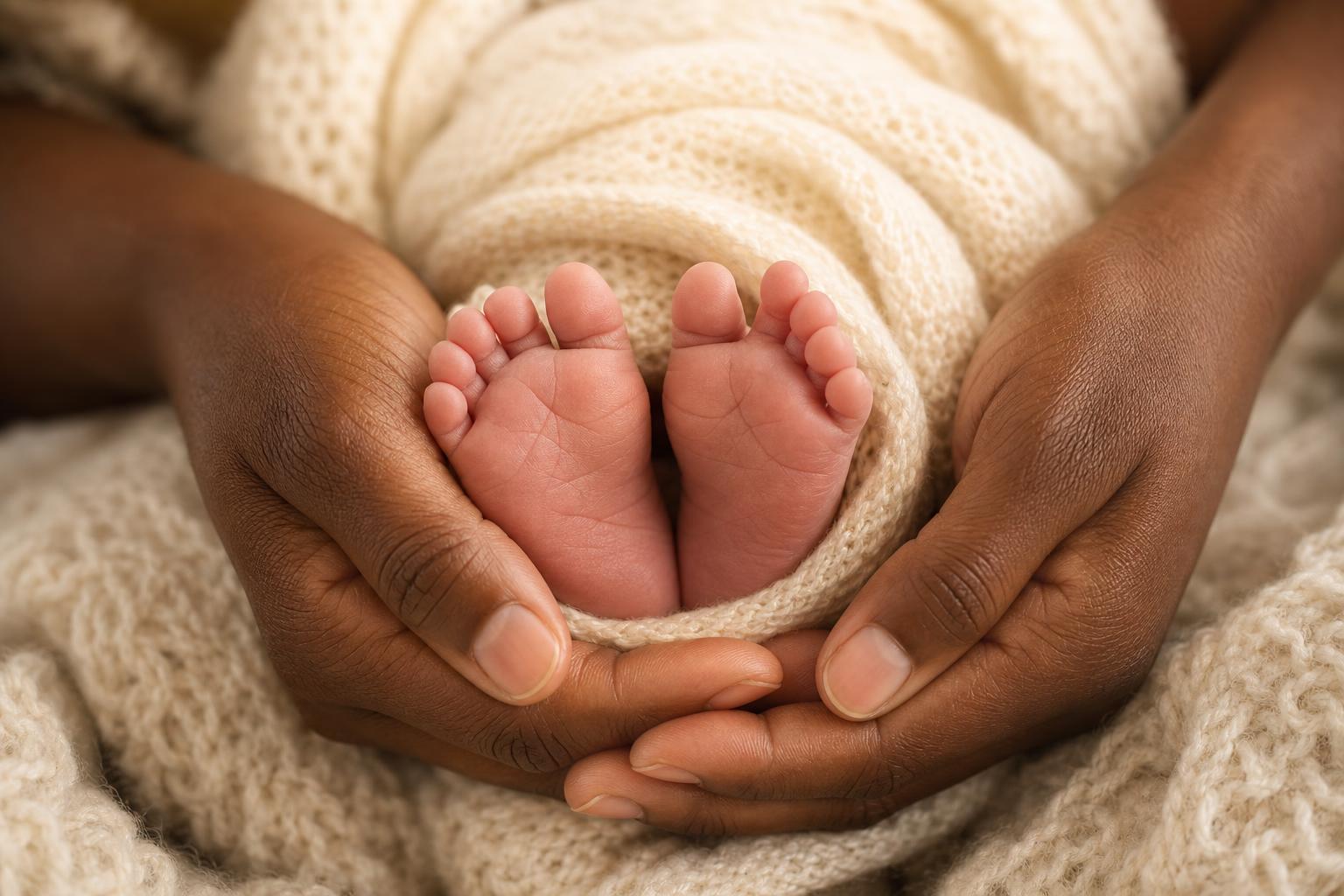 A parent's hands tenderly cradle a swaddled newborn baby's tiny feet