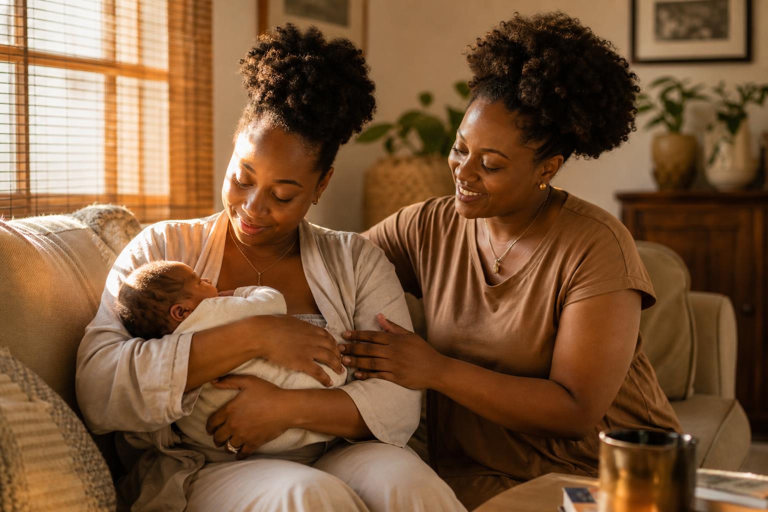 A postpartum doula warmly helps a new mother hold her newborn baby in a sunlit home